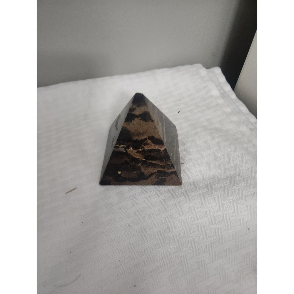 Black and Brown Marbled Stone Pyramid Paperweight Polished Desk Decor - Picture 3 of 4